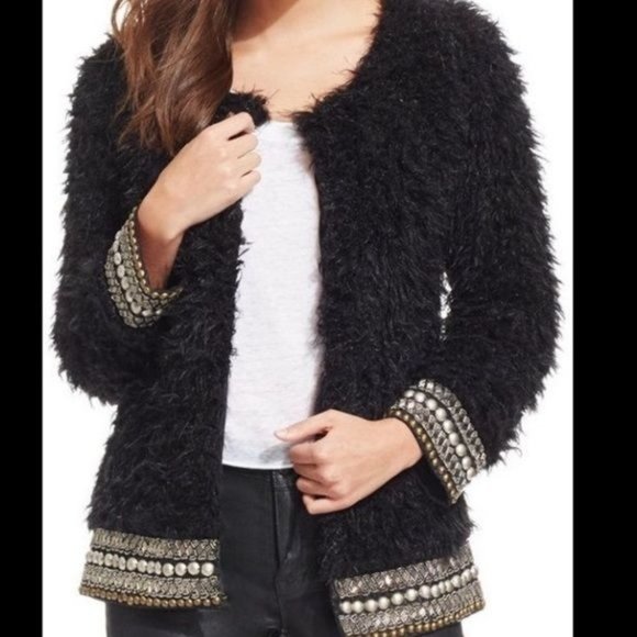 Jessica Simpson Kassidy Embellished Faux-Shearling Black Studded Jacket XS - Picture 3 of 15